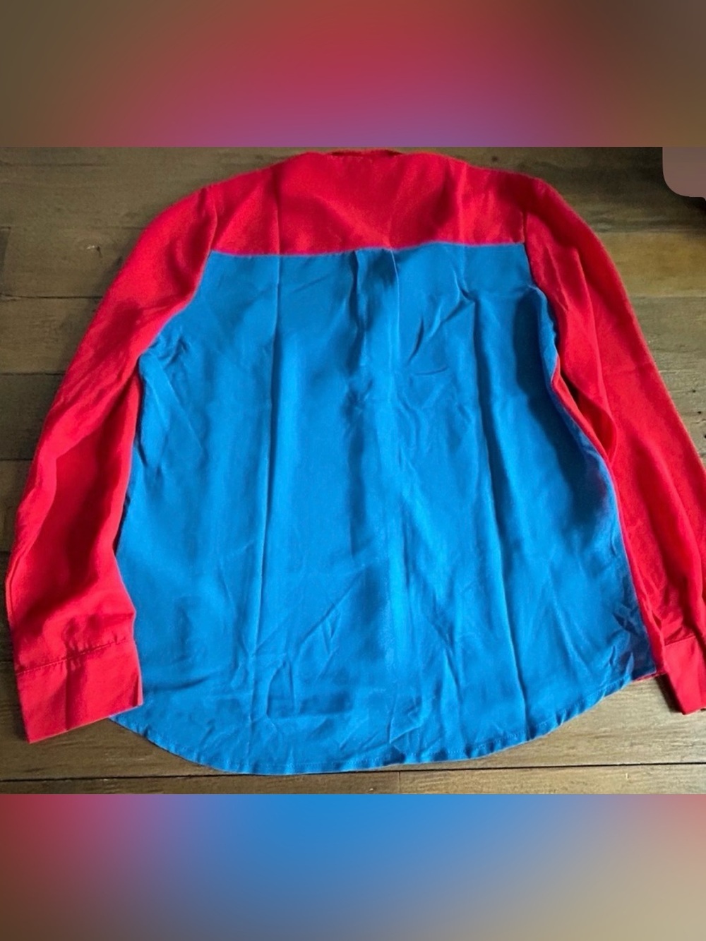 Jealous tomato Sheer Colorblock Button-Up Blouse Red Blue Gray Retro Office Top - Picture 6 of 15